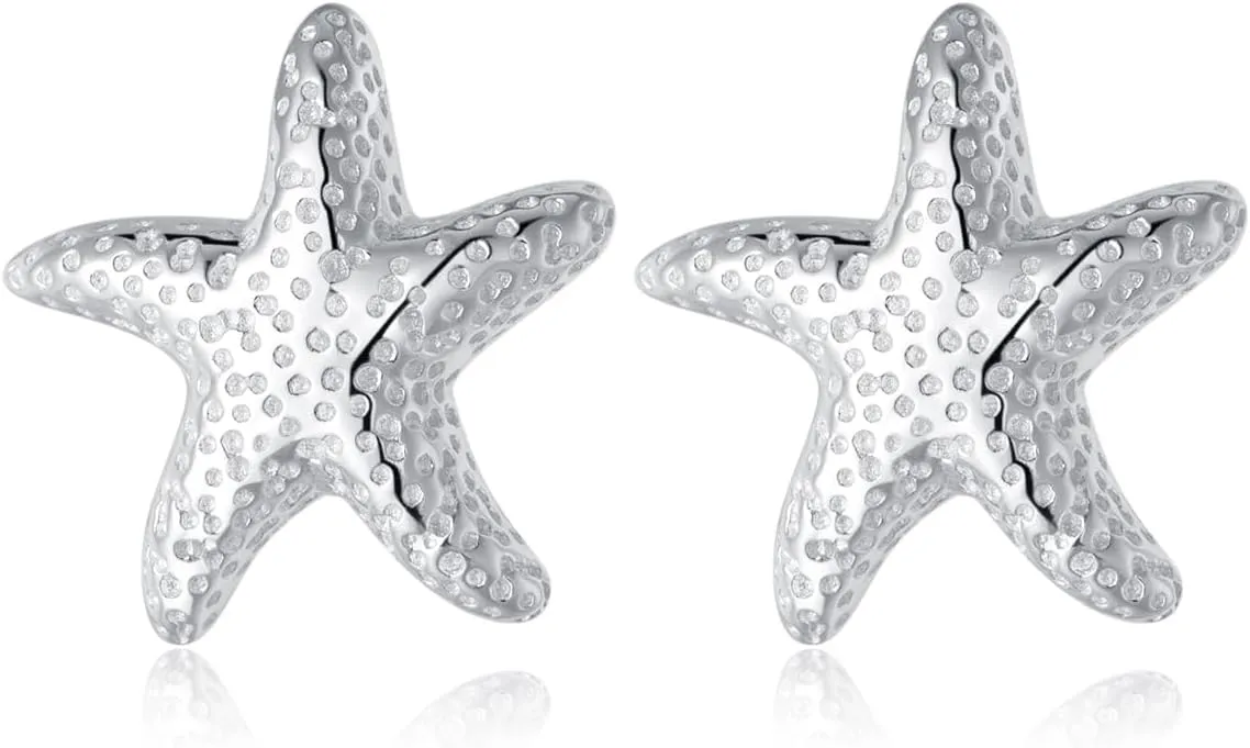 Reffeer Solid 925 Sterling Silver Starfish Stud Earrings for Women Teens Beach Stud Earrings Sea Fish Earrings