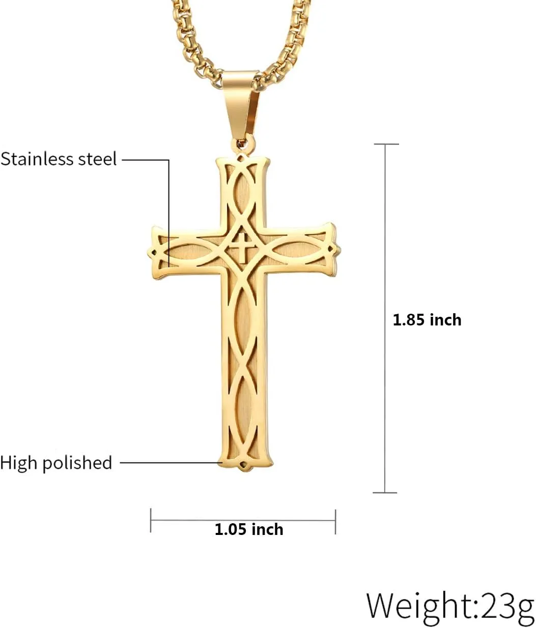 Rehoboth Men's Irish Celtic Knot Cross Pendant Necklace for Womens Mens Stainless Steel 24" Chain Black Gold Silver