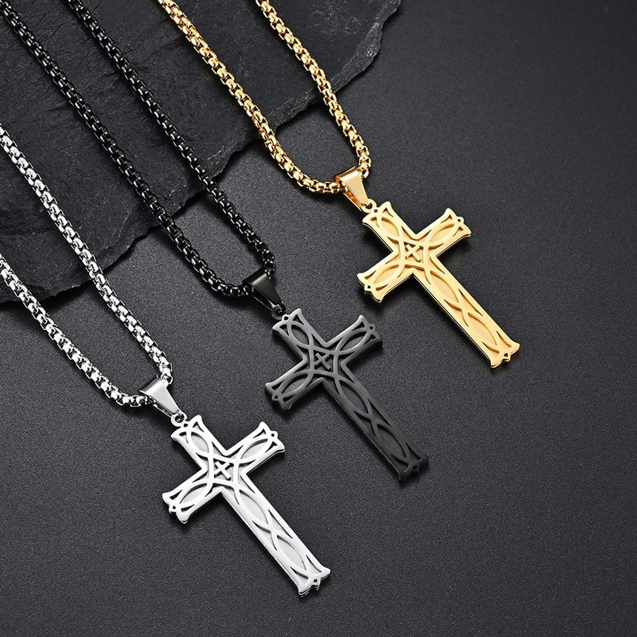 Rehoboth Men's Irish Celtic Knot Cross Pendant Necklace for Womens Mens Stainless Steel 24" Chain Black Gold Silver