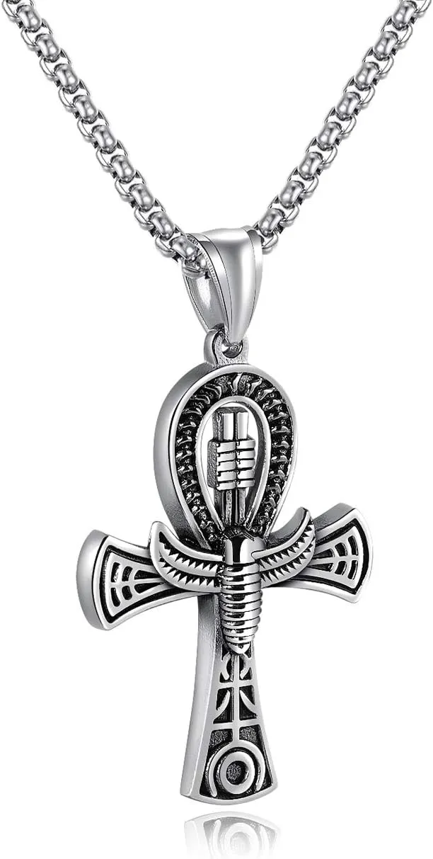 Rehoboth Stainless Steel Ancient Egyptian Coptic Ankh Cross Pendant Necklace for Womens Mens 24 Inch Chain Black Gold Silver