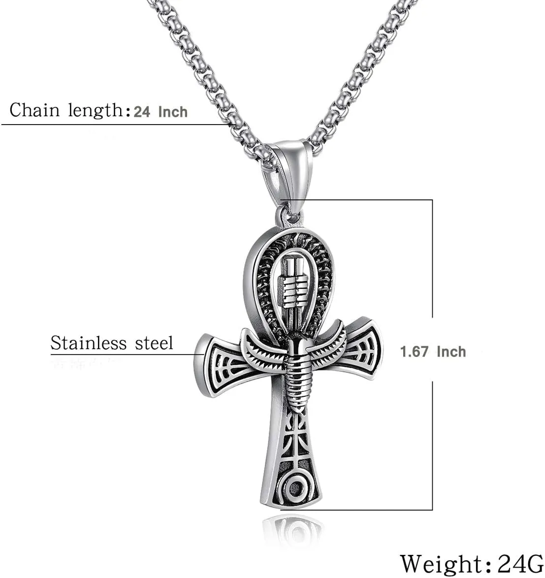 Rehoboth Stainless Steel Ancient Egyptian Coptic Ankh Cross Pendant Necklace for Womens Mens 24 Inch Chain Black Gold Silver