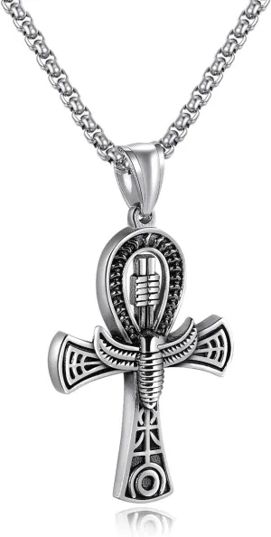 Rehoboth Stainless Steel Ancient Egyptian Coptic Ankh Cross Pendant Necklace for Womens Mens 24 Inch Chain Black Gold Silver