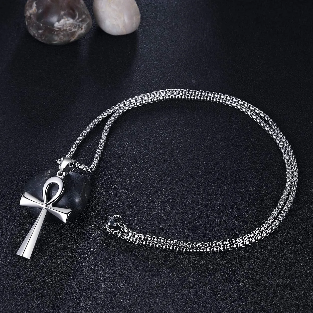 Rehoboth Stainless Steel Ancient Egyptian Coptic Ankh Cross Pendant Necklace for Womens Mens 24 Inch Chain Black Gold Silver