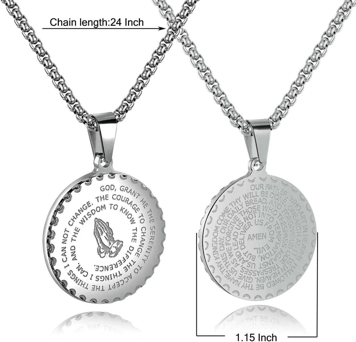 Rehoboth Stainless Steel Coin Medal Our Father Lord's Prayer Cross Pendant Necklace for Women Men Prayer Hands Coin Medal Pendant 24" Chain Black Gold Silver