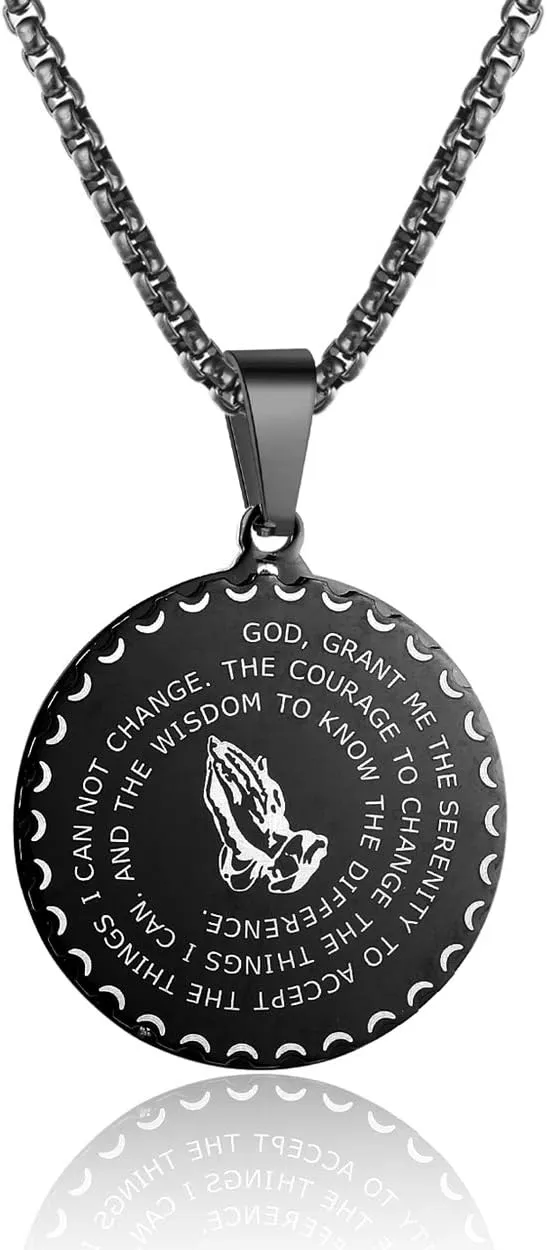 Rehoboth Stainless Steel Coin Medal Our Father Lord's Prayer Cross Pendant Necklace for Women Men Prayer Hands Coin Medal Pendant 24" Chain Black Gold Silver
