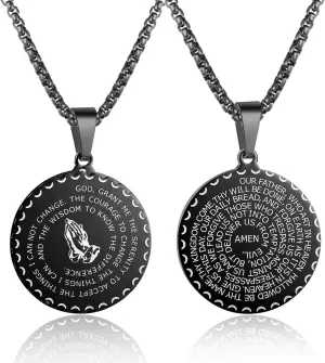 Rehoboth Stainless Steel Coin Medal Our Father Lord's Prayer Cross Pendant Necklace for Women Men Prayer Hands Coin Medal Pendant 24" Chain Black Gold Silver