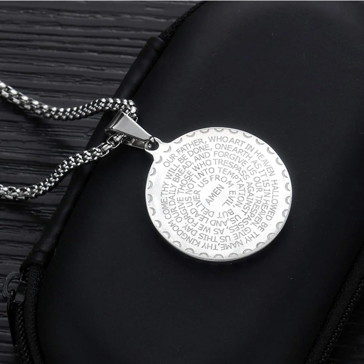 Rehoboth Stainless Steel Coin Medal Our Father Lord's Prayer Cross Pendant Necklace for Women Men Prayer Hands Coin Medal Pendant 24" Chain Black Gold Silver