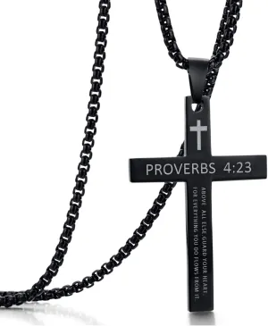 Rehoboth Stainless Steel Cross Pendant Necklaces Bible Verse Proverbs 4:23 Pendant for Men or Women Chain 24 Inch Black Gold Silver