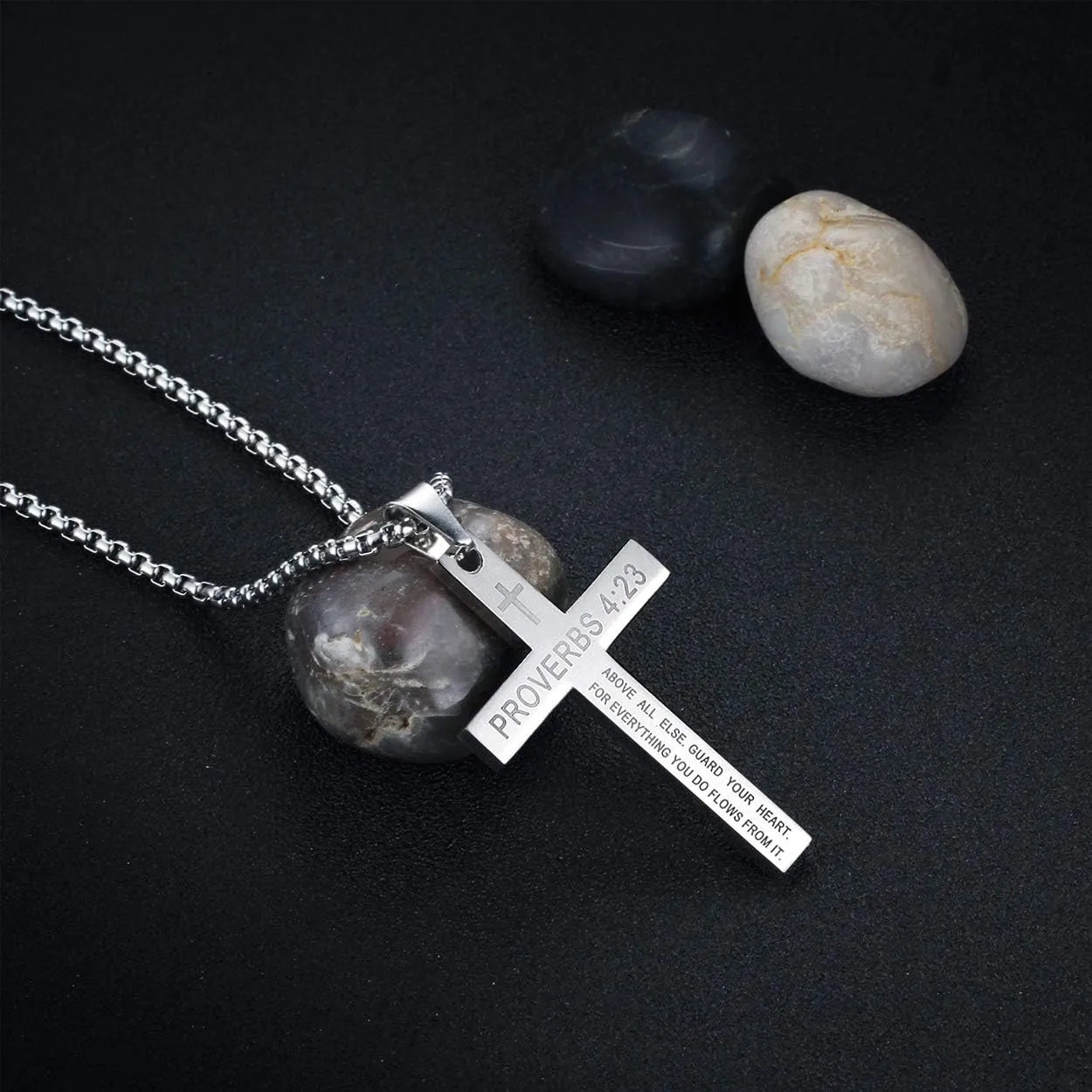 Rehoboth Stainless Steel Cross Pendant Necklaces Bible Verse Proverbs 4:23 Pendant for Men or Women Chain 24 Inch Black Gold Silver