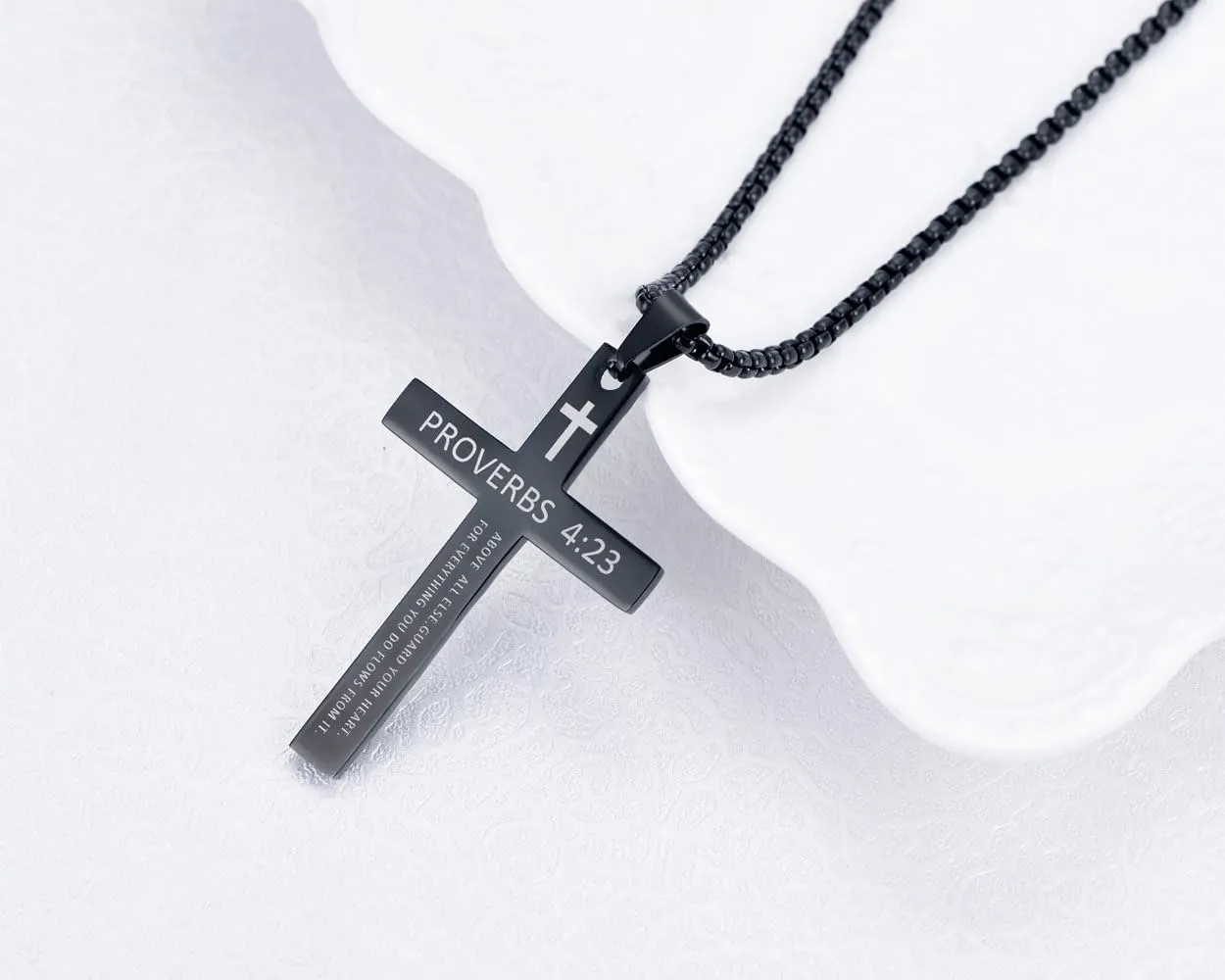Rehoboth Stainless Steel Cross Pendant Necklaces Bible Verse Proverbs 4:23 Pendant for Men or Women Chain 24 Inch Black Gold Silver