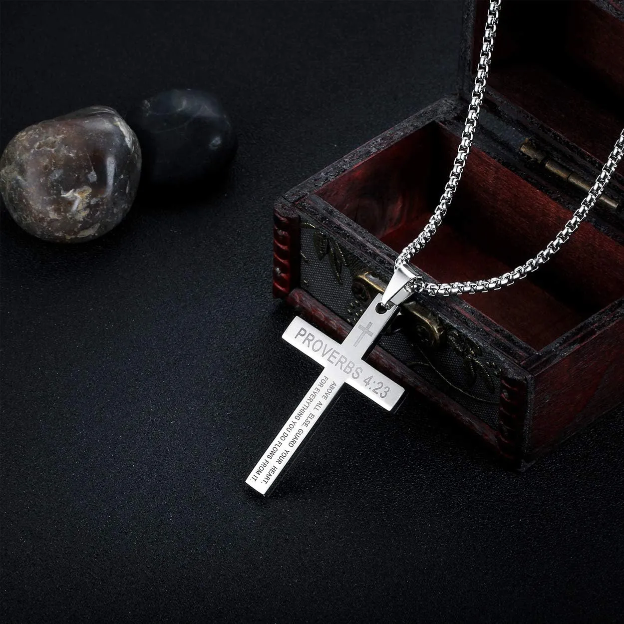 Rehoboth Stainless Steel Cross Pendant Necklaces Bible Verse Proverbs 4:23 Pendant for Men or Women Chain 24 Inch Black Gold Silver