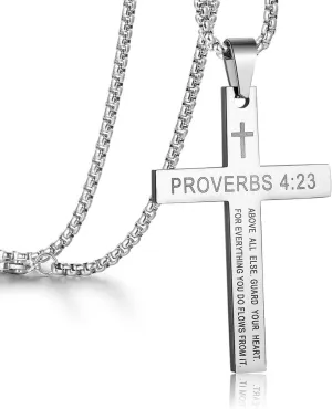 Rehoboth Stainless Steel Cross Pendant Necklaces Bible Verse Proverbs 4:23 Pendant for Men or Women Chain 24 Inch Black Gold Silver