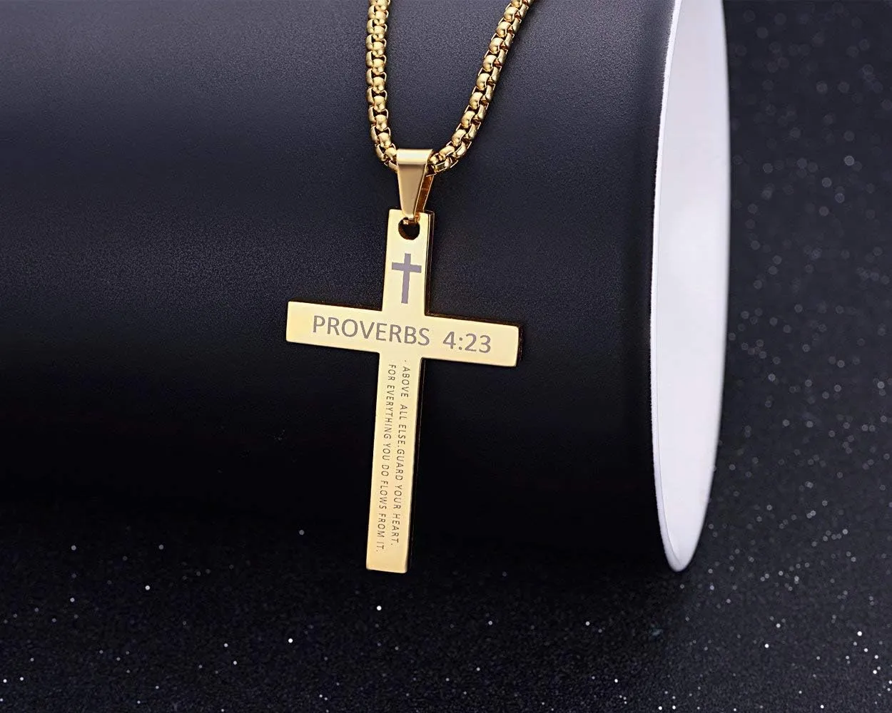 Rehoboth Stainless Steel Cross Pendant Necklaces Bible Verse Proverbs 4:23 Pendant for Men or Women Chain 24 Inch Black Gold Silver