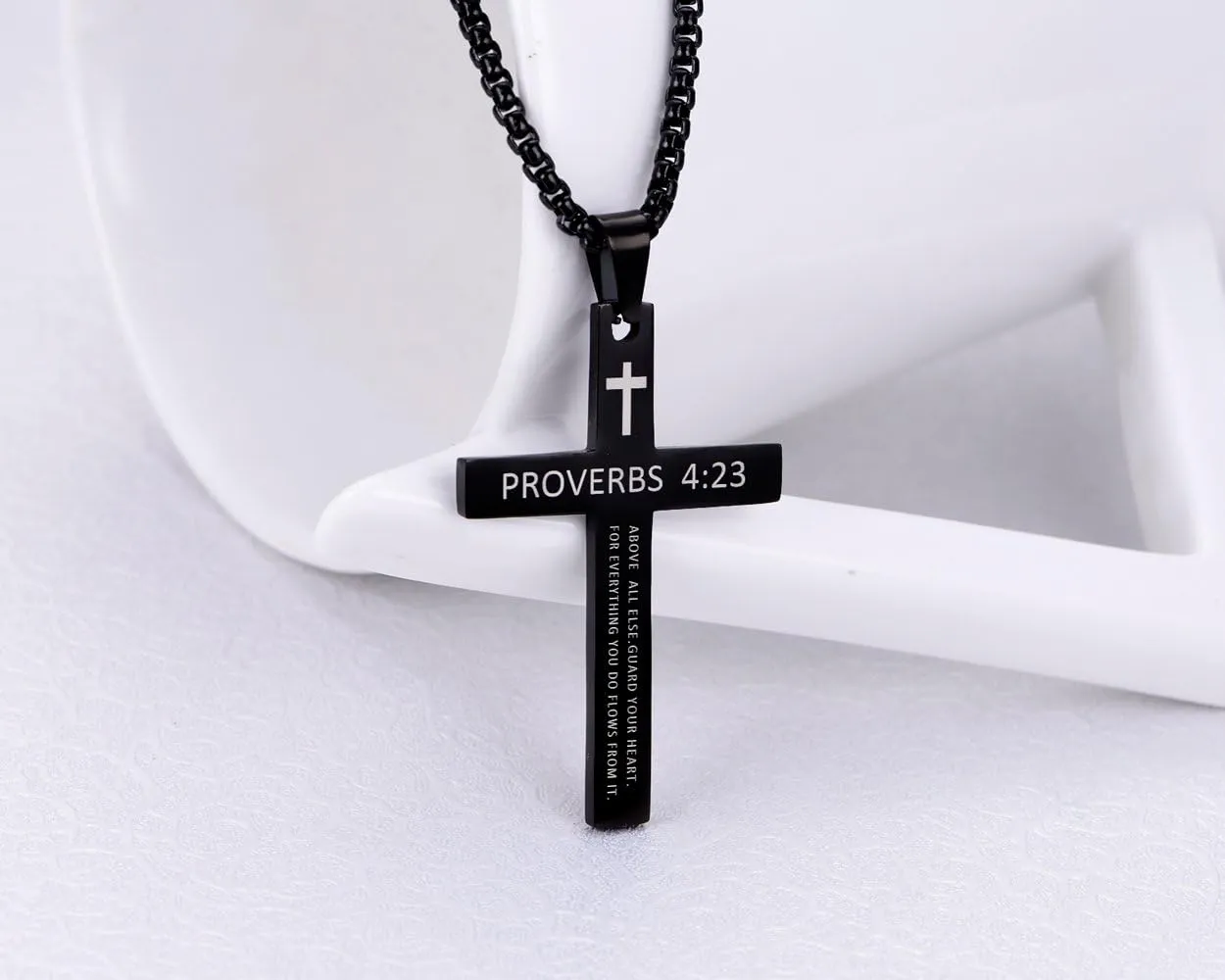 Rehoboth Stainless Steel Cross Pendant Necklaces Bible Verse Proverbs 4:23 Pendant for Men or Women Chain 24 Inch Black Gold Silver
