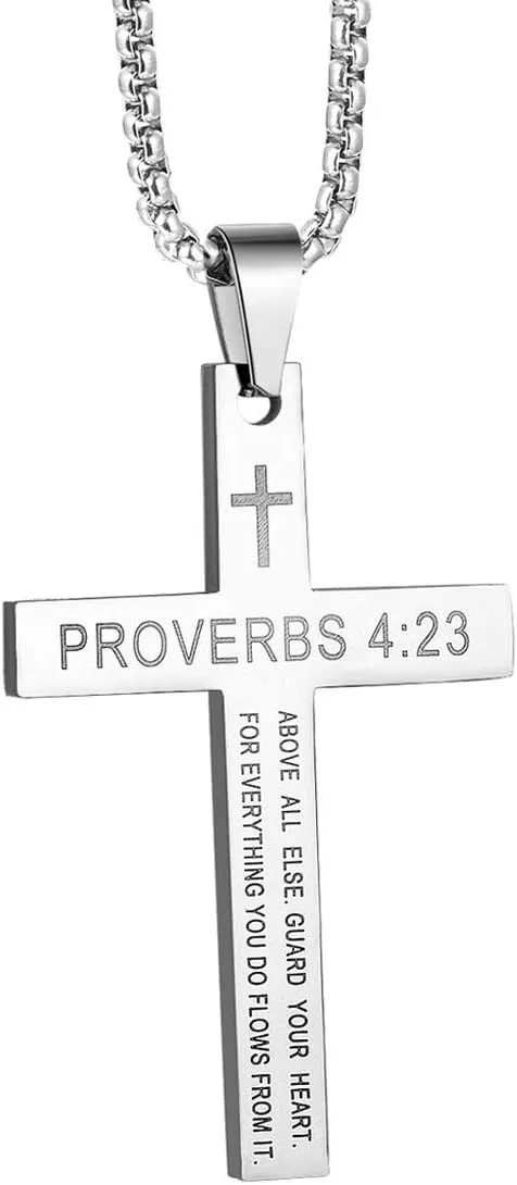 Rehoboth Stainless Steel Cross Pendant Necklaces Bible Verse Proverbs 4:23 Pendant for Men or Women Chain 24 Inch Black Gold Silver