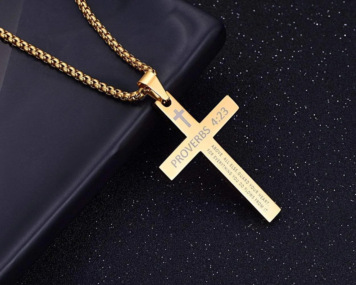 Rehoboth Stainless Steel Cross Pendant Necklaces Bible Verse Proverbs 4:23 Pendant for Men or Women Chain 24 Inch Black Gold Silver
