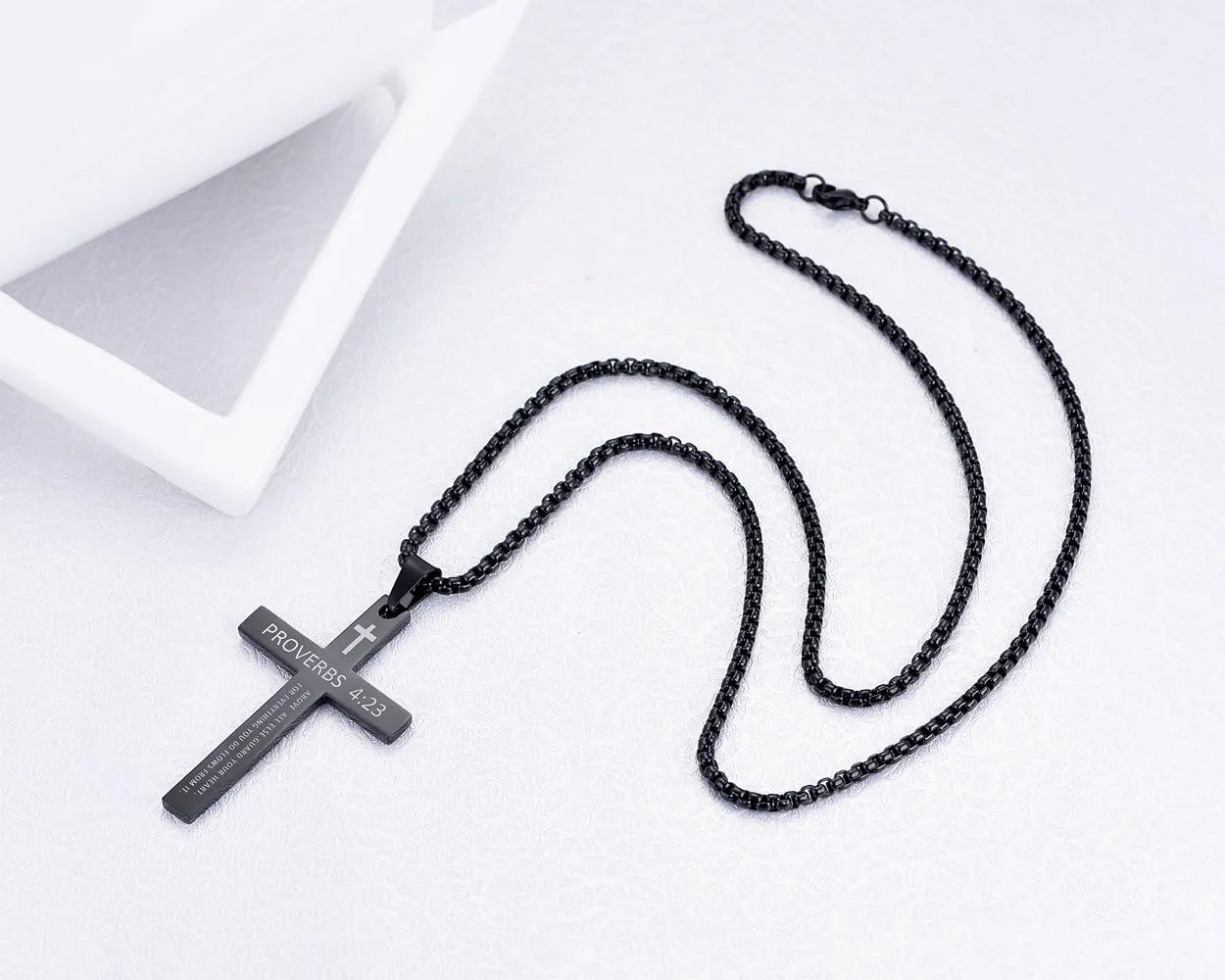 Rehoboth Stainless Steel Cross Pendant Necklaces Bible Verse Proverbs 4:23 Pendant for Men or Women Chain 24 Inch Black Gold Silver