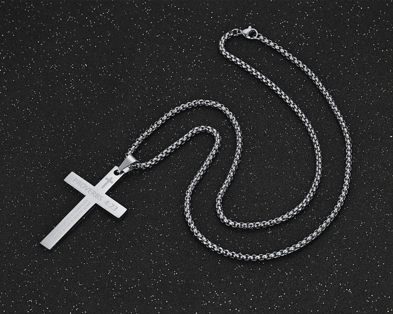 Rehoboth Stainless Steel Cross Pendant Necklaces Bible Verse Proverbs 4:23 Pendant for Men or Women Chain 24 Inch Black Gold Silver