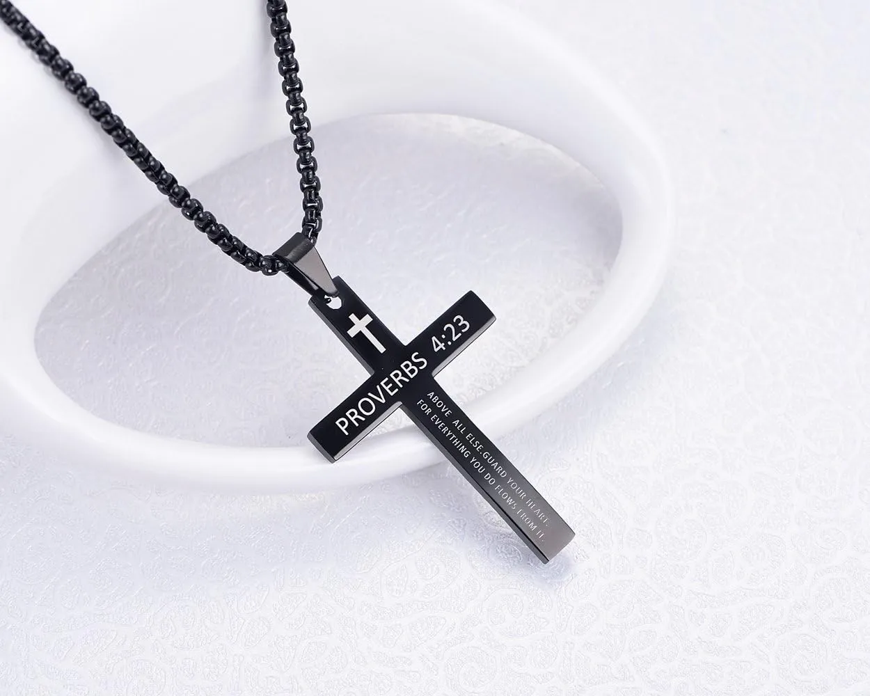 Rehoboth Stainless Steel Cross Pendant Necklaces Bible Verse Proverbs 4:23 Pendant for Men or Women Chain 24 Inch Black Gold Silver