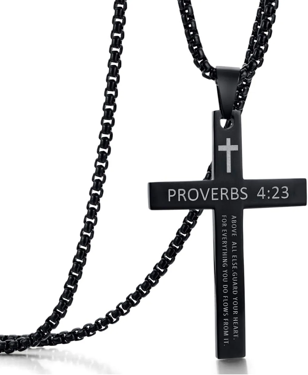 Rehoboth Stainless Steel Cross Pendant Necklaces Bible Verse Proverbs 4:23 Pendant for Men or Women Chain 24 Inch Black Gold Silver