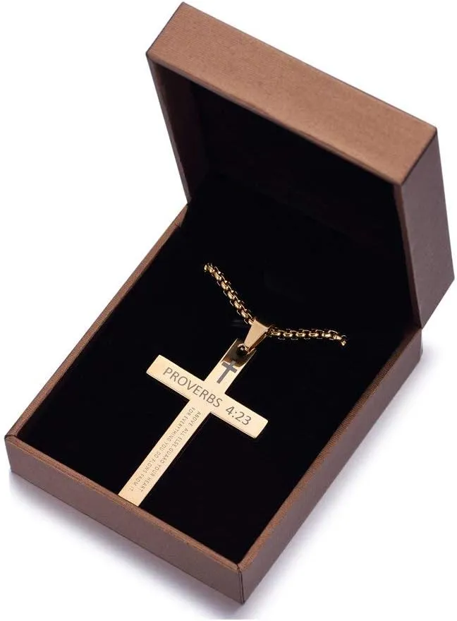 Rehoboth Stainless Steel Cross Pendant Necklaces Bible Verse Proverbs 4:23 Pendant for Men or Women Chain 24 Inch Black Gold Silver