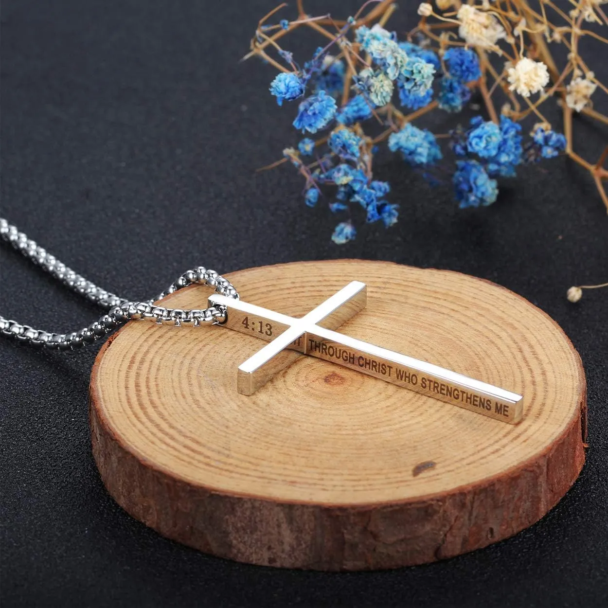 Rehoboth Stainless Steel Cross Pendant Necklaces for Men Women Bible Verse Philippians 4:13 I Can Do All Things 24 Inch Chain