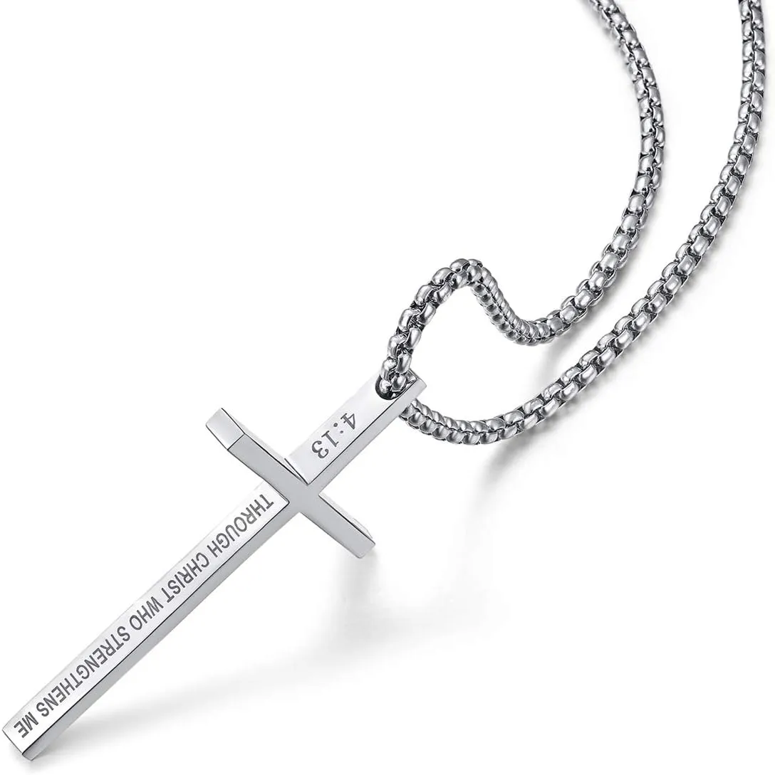 Rehoboth Stainless Steel Cross Pendant Necklaces for Men Women Bible Verse Philippians 4:13 I Can Do All Things 24 Inch Chain