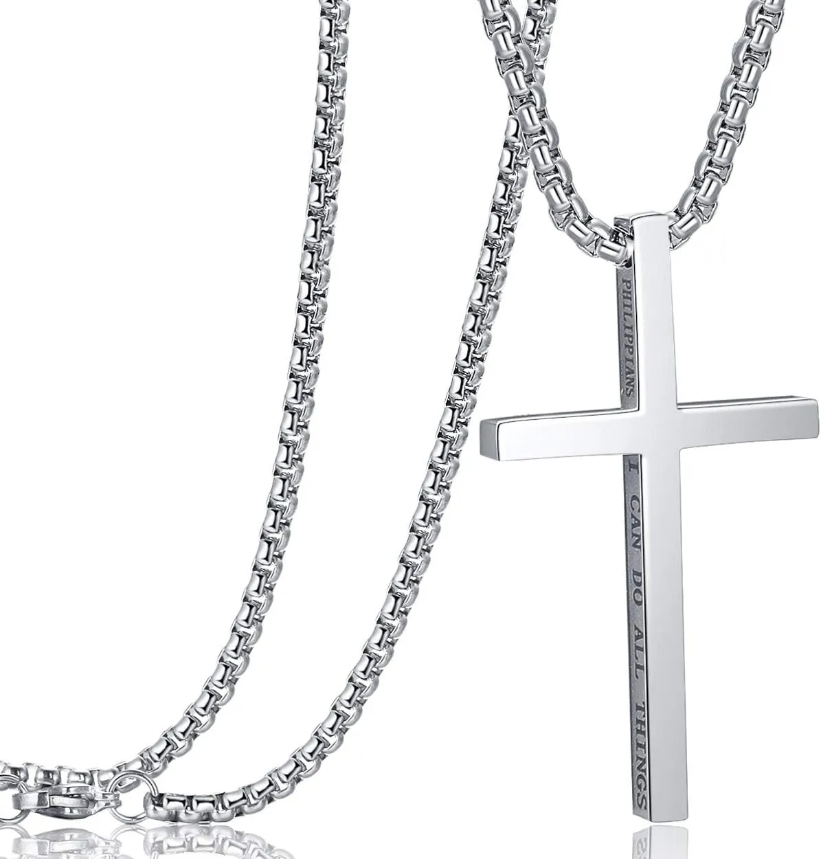 Rehoboth Stainless Steel Cross Pendant Necklaces for Men Women Bible Verse Philippians 4:13 I Can Do All Things 24 Inch Chain