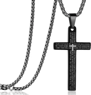 Rehoboth Stainless Steel Lord's Prayer Cross Pendant Necklaces Bible Verse for Men or Women Chain 24 Inch Black Gold Silver