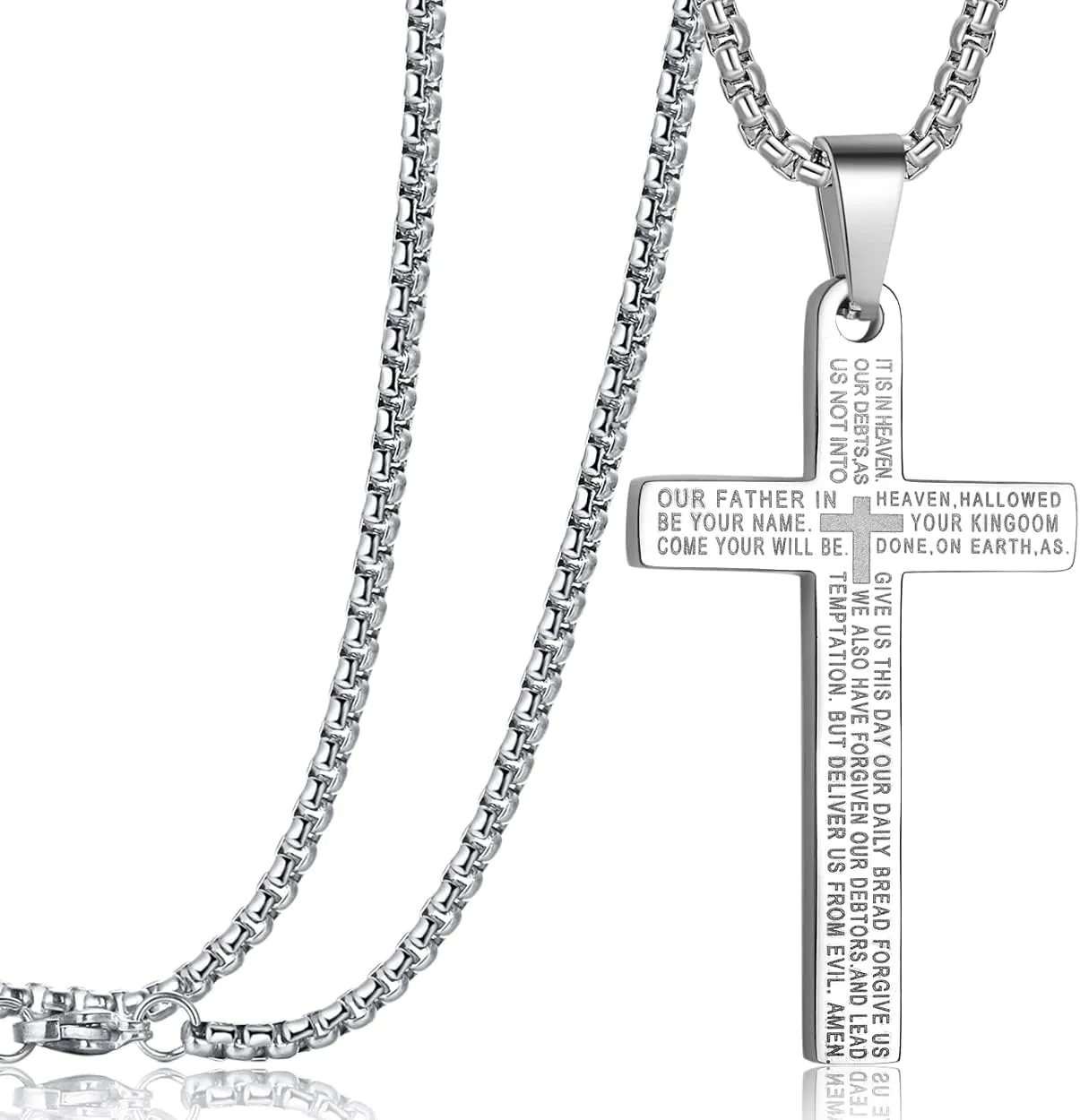 Rehoboth Stainless Steel Lord's Prayer Cross Pendant Necklaces Bible Verse for Men or Women Chain 24 Inch Black Gold Silver