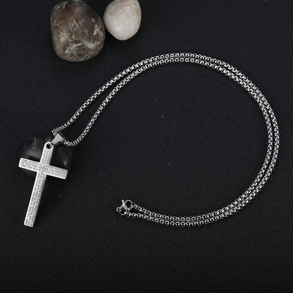 Rehoboth Stainless Steel Lord's Prayer Cross Pendant Necklaces Bible Verse for Men or Women Chain 24 Inch Black Gold Silver