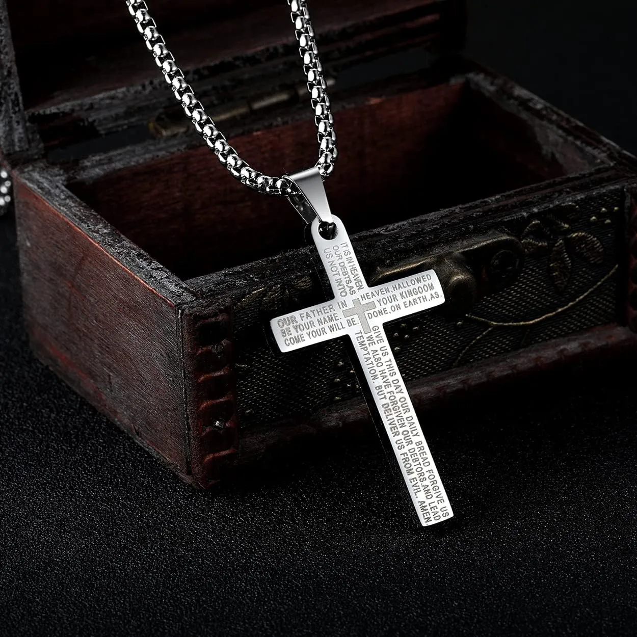 Rehoboth Stainless Steel Lord's Prayer Cross Pendant Necklaces Bible Verse for Men or Women Chain 24 Inch Black Gold Silver