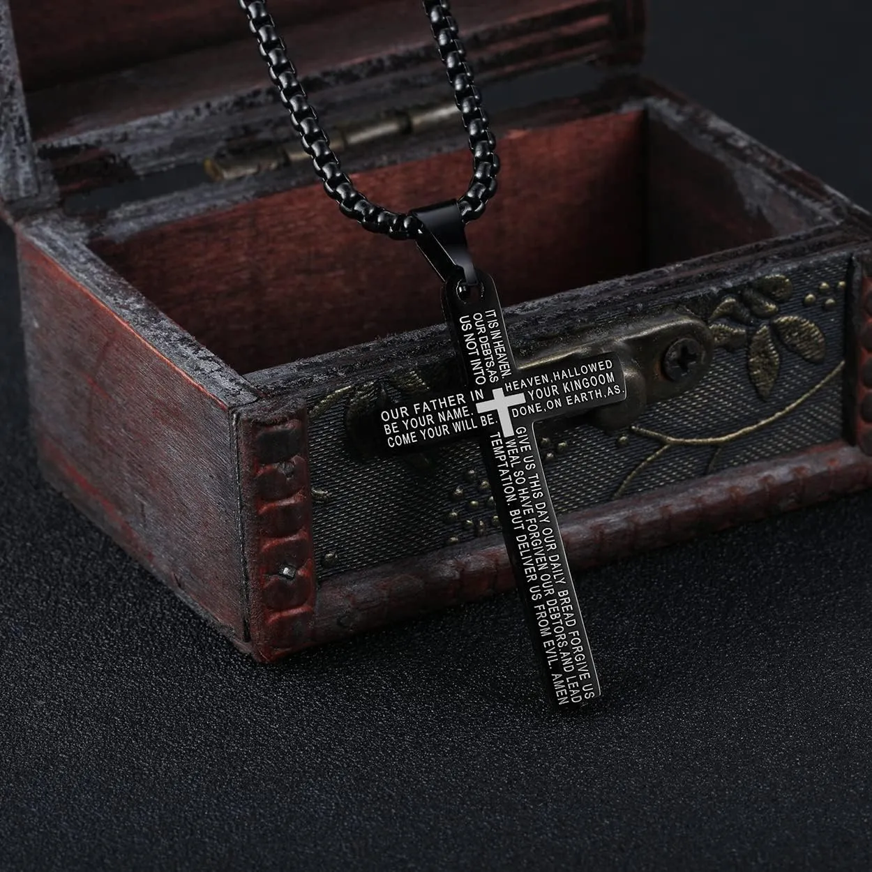 Rehoboth Stainless Steel Lord's Prayer Cross Pendant Necklaces Bible Verse for Men or Women Chain 24 Inch Black Gold Silver