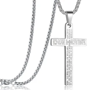 Rehoboth Stainless Steel Lord's Prayer Cross Pendant Necklaces Bible Verse for Men or Women Chain 24 Inch Black Gold Silver