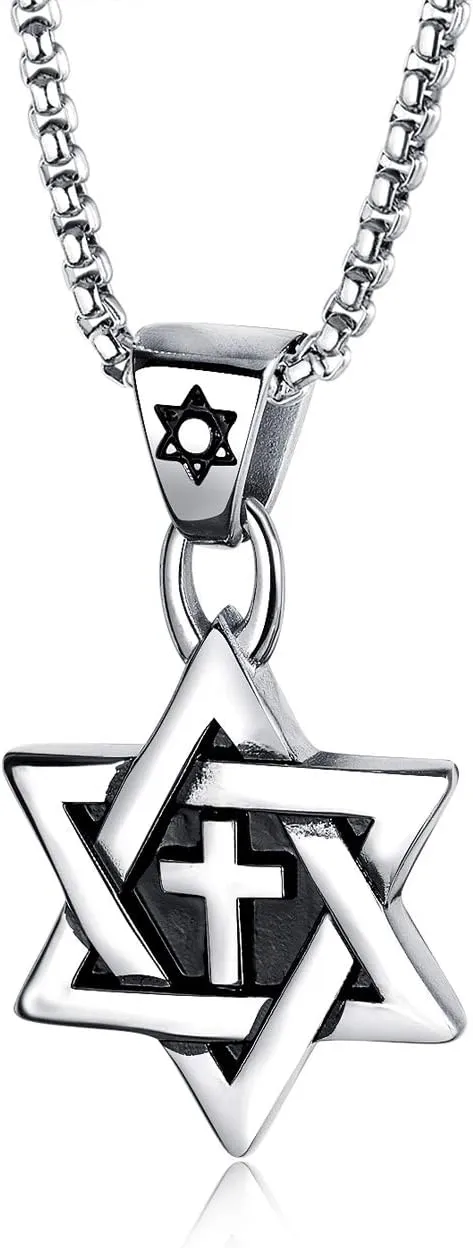 Rehoboth Star of David Six Pointed Megan Cross Pendant Necklaces for Men or Women Stainless Steel Chain 24 Inch