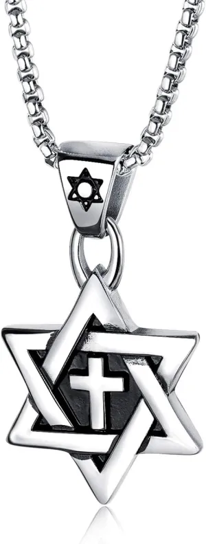 Rehoboth Star of David Six Pointed Megan Cross Pendant Necklaces for Men or Women Stainless Steel Chain 24 Inch