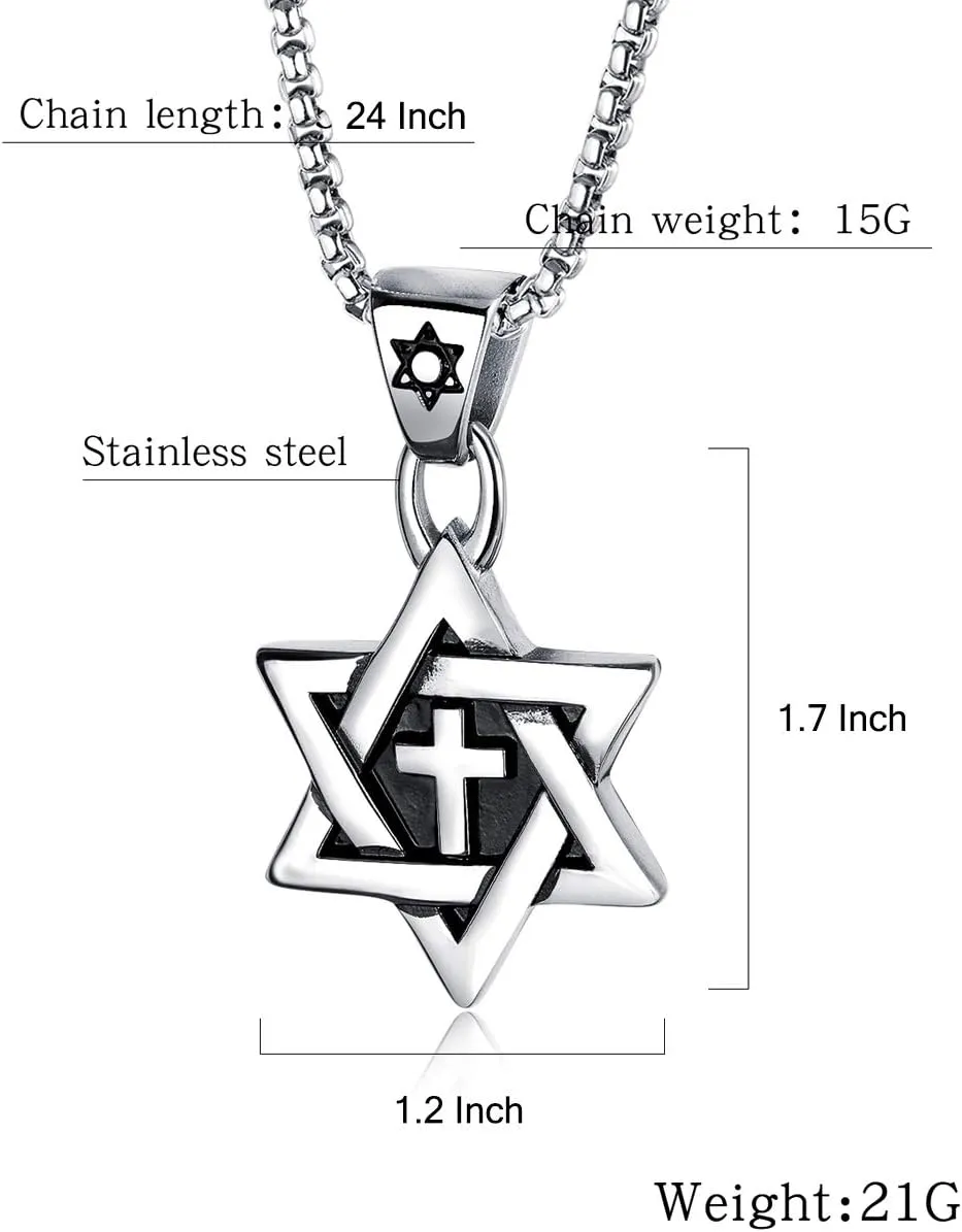 Rehoboth Star of David Six Pointed Megan Cross Pendant Necklaces for Men or Women Stainless Steel Chain 24 Inch
