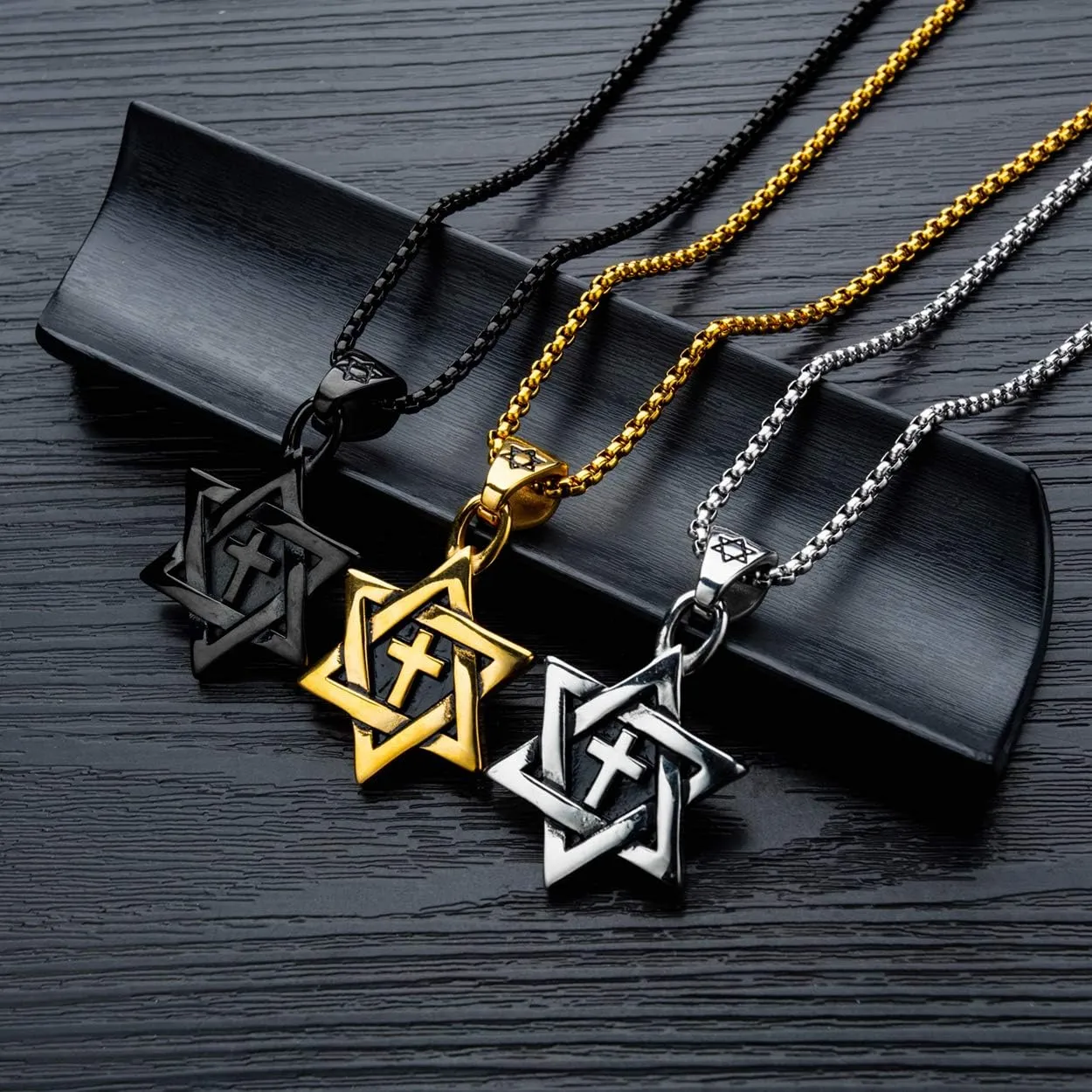 Rehoboth Star of David Six Pointed Megan Cross Pendant Necklaces for Men or Women Stainless Steel Chain 24 Inch