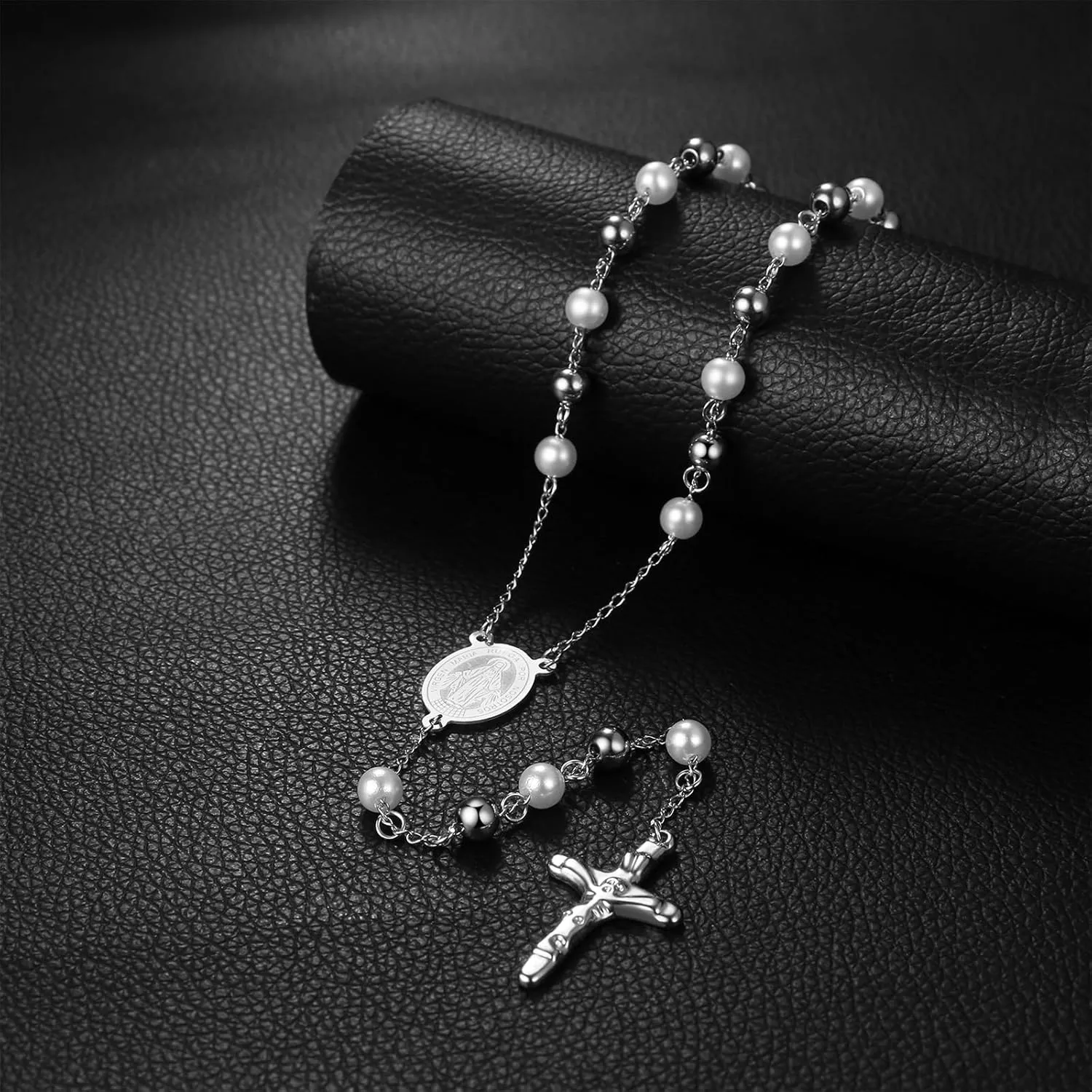 Religious Rosary Beaded Cross Necklace: Christian Beaded Stainless Steel Pearl Virgin Mary Medallion Y Necklace Jewelry Gifts for Women Men