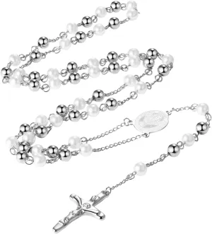 Religious Rosary Beaded Cross Necklace: Christian Beaded Stainless Steel Pearl Virgin Mary Medallion Y Necklace Jewelry Gifts for Women Men