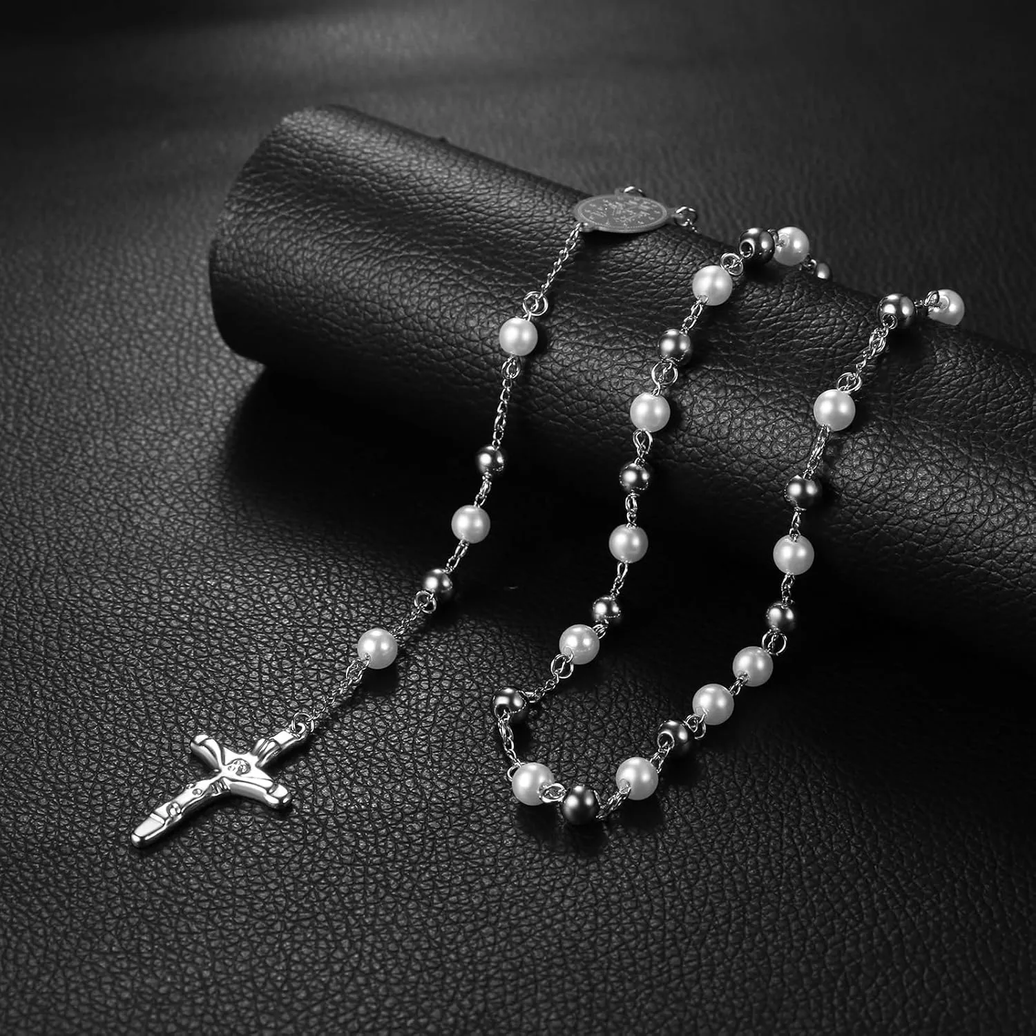 Religious Rosary Beaded Cross Necklace: Christian Beaded Stainless Steel Pearl Virgin Mary Medallion Y Necklace Jewelry Gifts for Women Men
