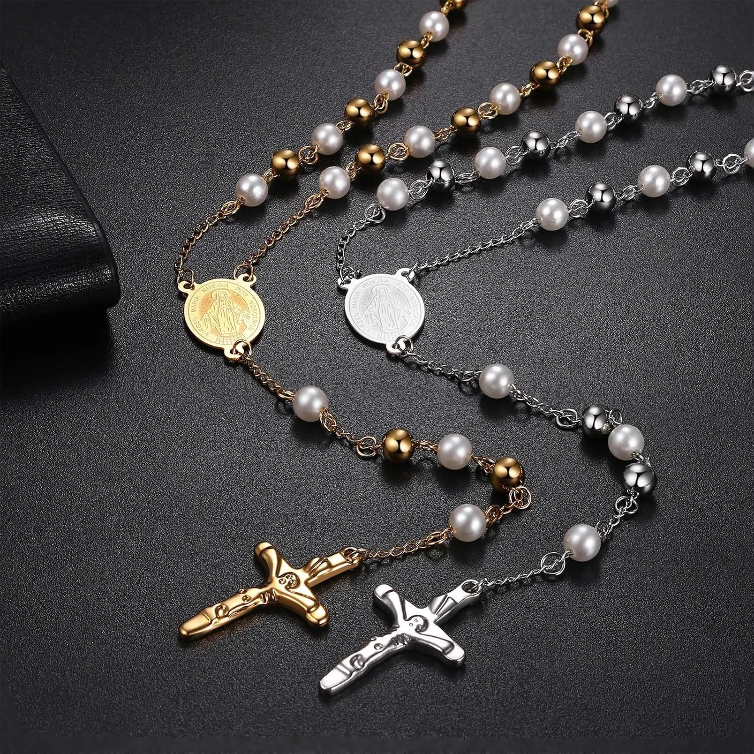 Religious Rosary Beaded Cross Necklace: Christian Beaded Stainless Steel Pearl Virgin Mary Medallion Y Necklace Jewelry Gifts for Women Men