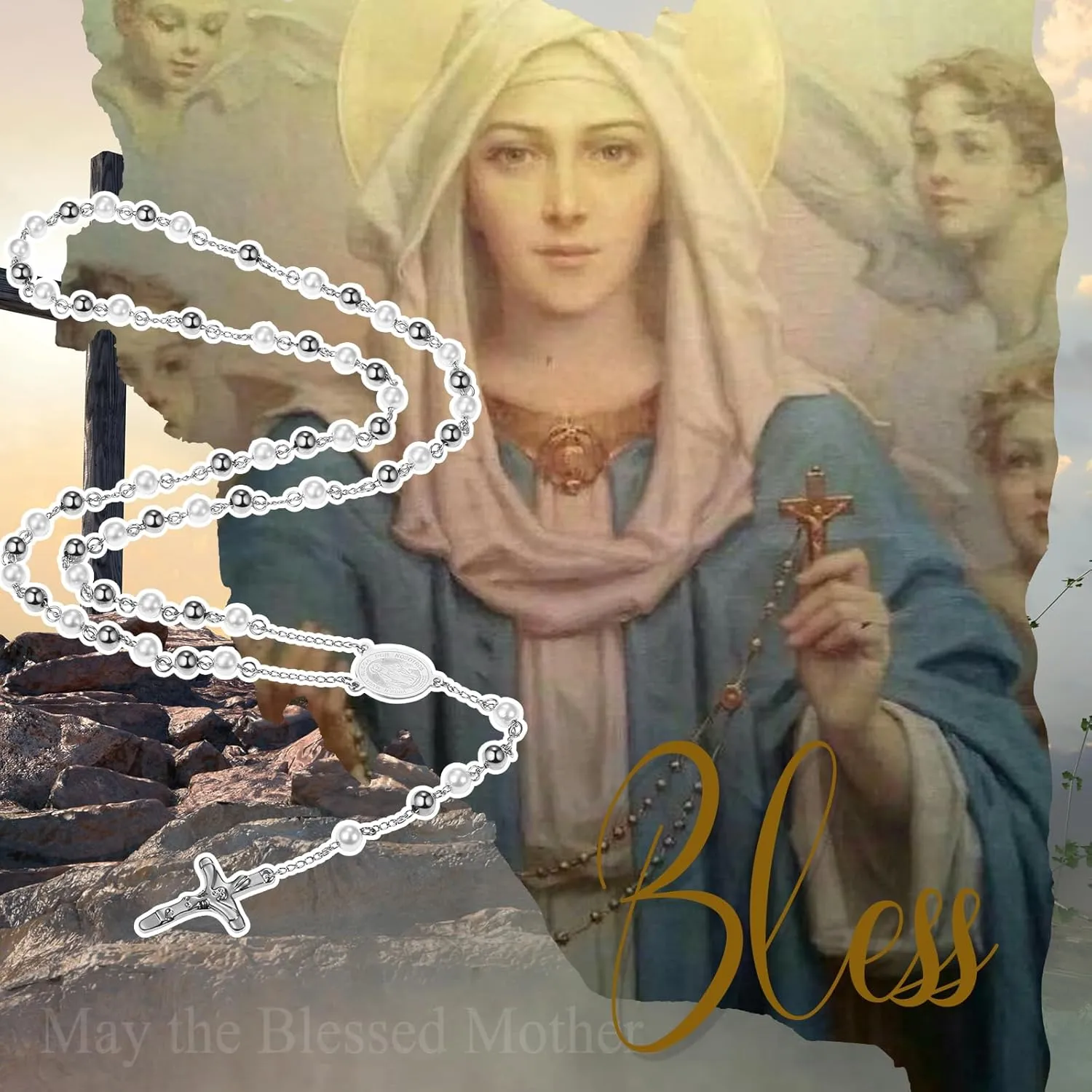 Religious Rosary Beaded Cross Necklace: Christian Beaded Stainless Steel Pearl Virgin Mary Medallion Y Necklace Jewelry Gifts for Women Men