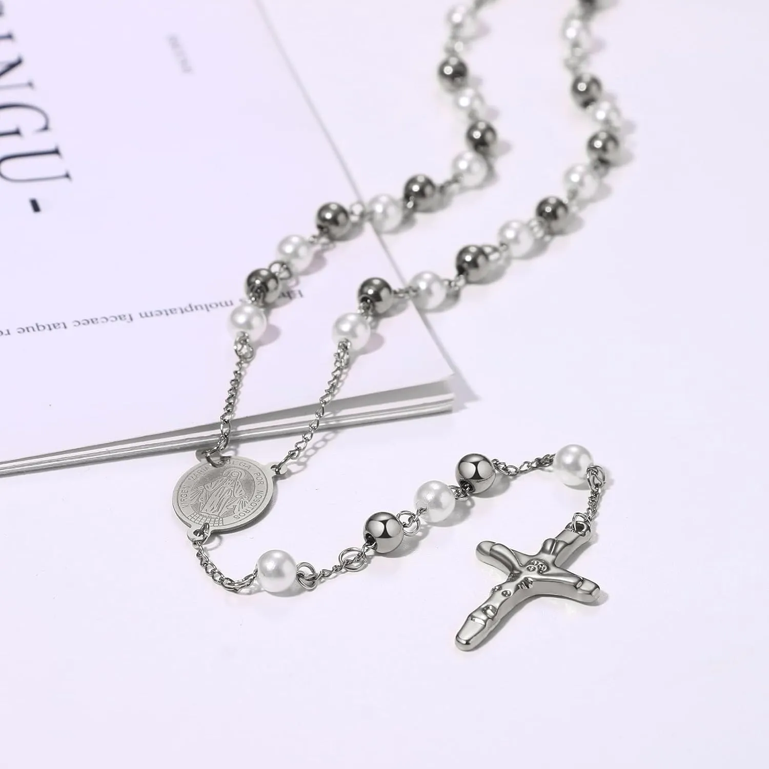 Religious Rosary Beaded Cross Necklace: Christian Beaded Stainless Steel Pearl Virgin Mary Medallion Y Necklace Jewelry Gifts for Women Men