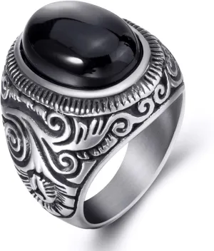 Retro Black Onyx Rings for Men Women, Oval Black Stone Ring Stainless Steel Vintage Mens Jewelry, Size 8-15