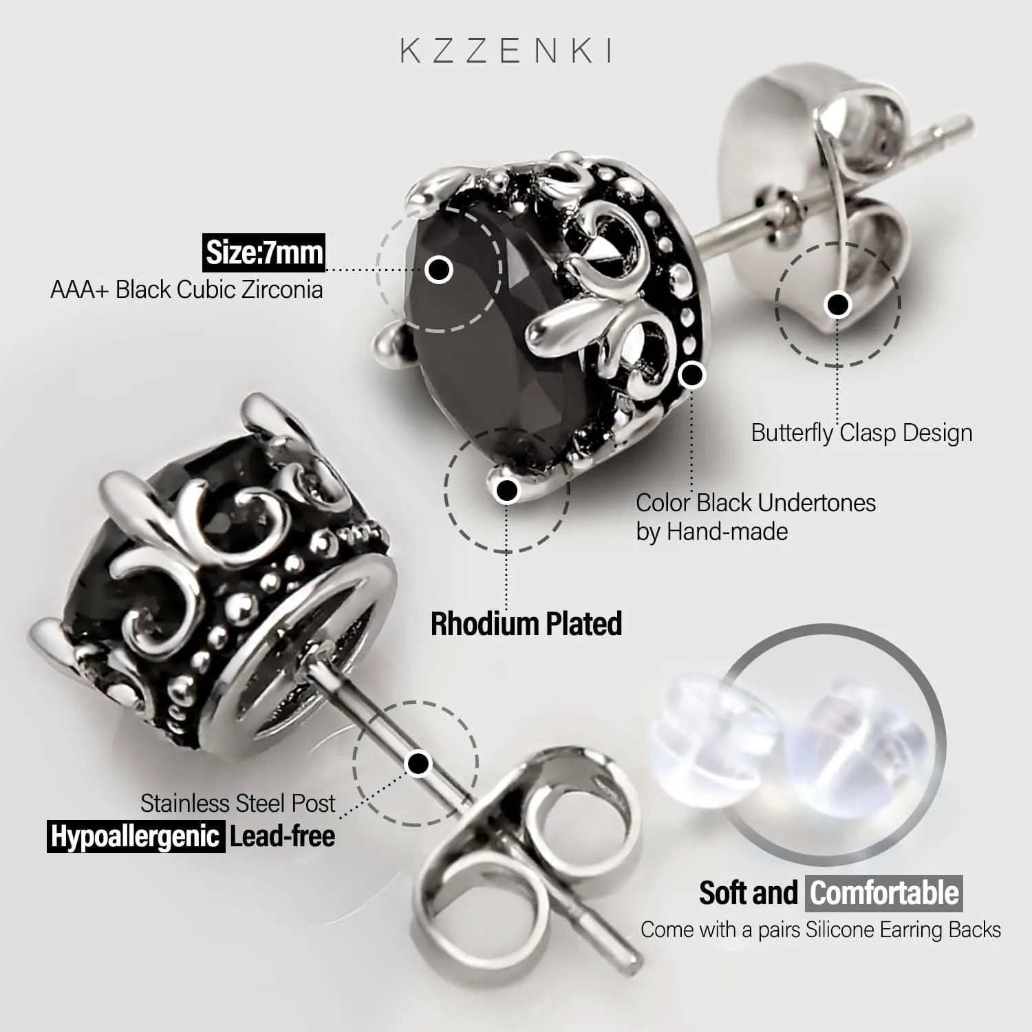 Retro Dark Shadow Stud Earrings, Hypoallergenic Stainless Steel Cubic Zirconia Earrings