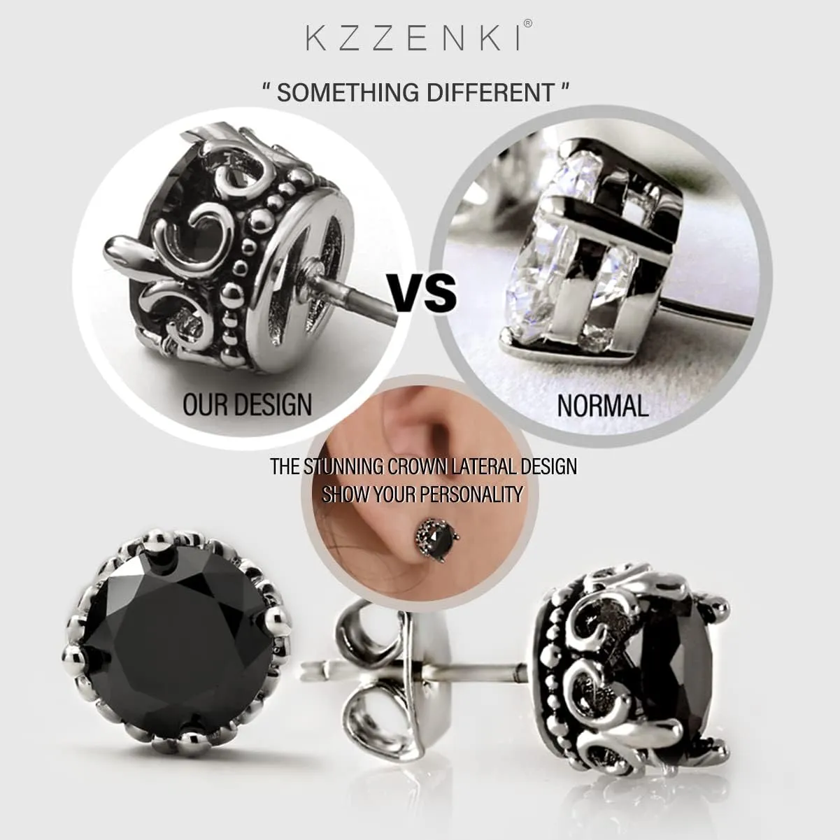 Retro Dark Shadow Stud Earrings, Hypoallergenic Stainless Steel Cubic Zirconia Earrings