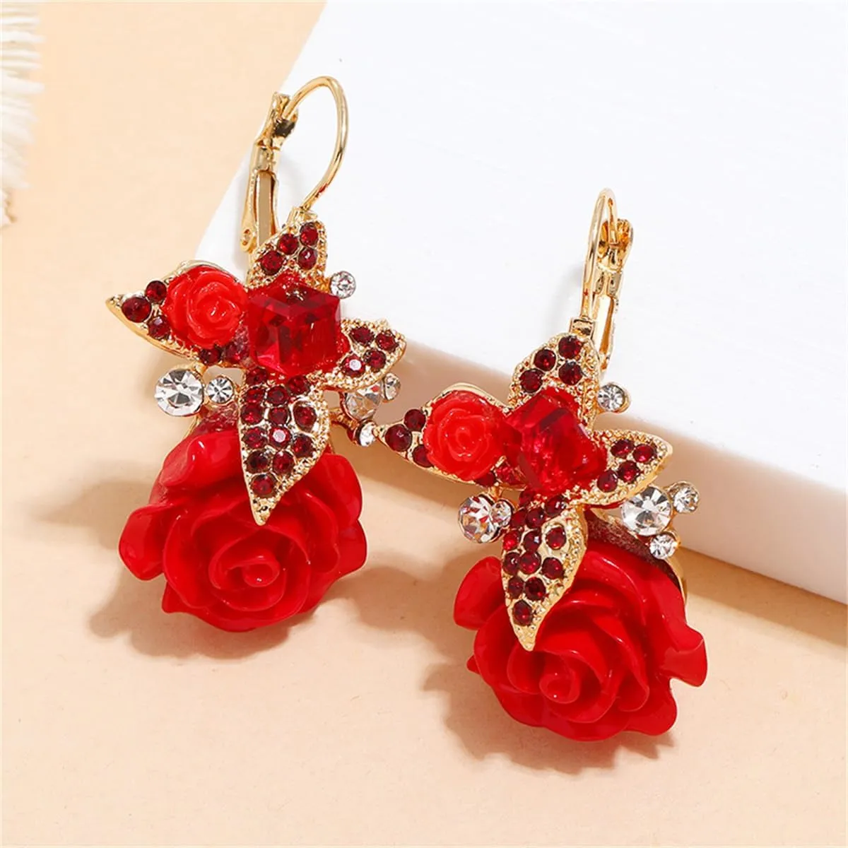 Rhinestone Flower Drop Hoop Earrings for Women Gold Plated Butterfly Square Dangle Hoops Earrings Trendy Lightweight Animals Leverback Jewelry Gifts for Holiday Wedding