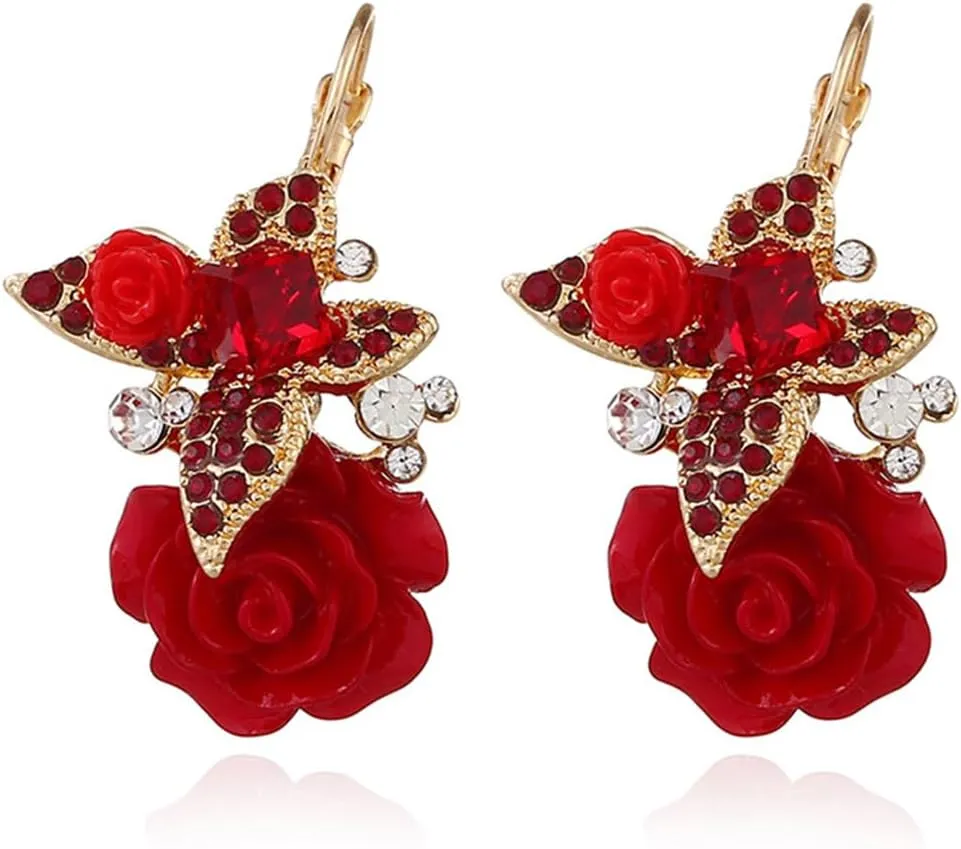 Rhinestone Flower Drop Hoop Earrings for Women Gold Plated Butterfly Square Dangle Hoops Earrings Trendy Lightweight Animals Leverback Jewelry Gifts for Holiday Wedding
