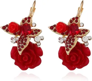 Rhinestone Flower Drop Hoop Earrings for Women Gold Plated Butterfly Square Dangle Hoops Earrings Trendy Lightweight Animals Leverback Jewelry Gifts for Holiday Wedding